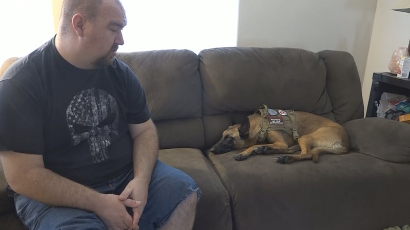 Former police offer and veteran Michael Thompson explains how his service dog Ziva helps him...