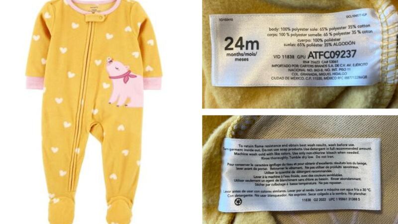 The recall only affects the Carter’s infant’s yellow, footed, fleece pajamas with a pig animal...