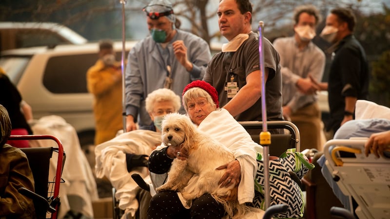 Medical personnel evacuate patients as the Feather River Hospital burns while the Camp Fire...