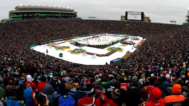 Notre Dame Stadium is viewed during the second period of the NHL Winter Classic hockey game...